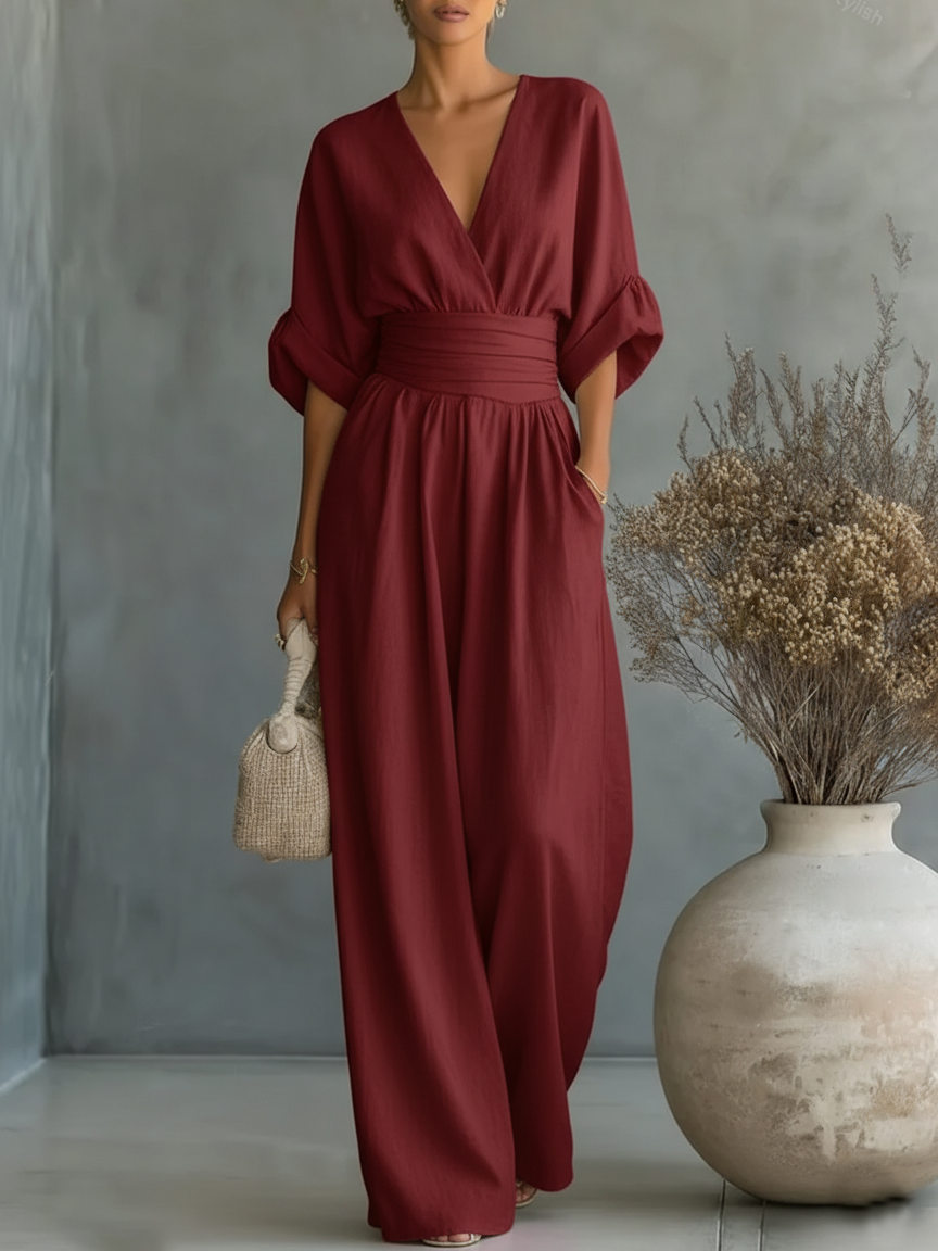 Elegante tuta intera scollo a V con vita alta