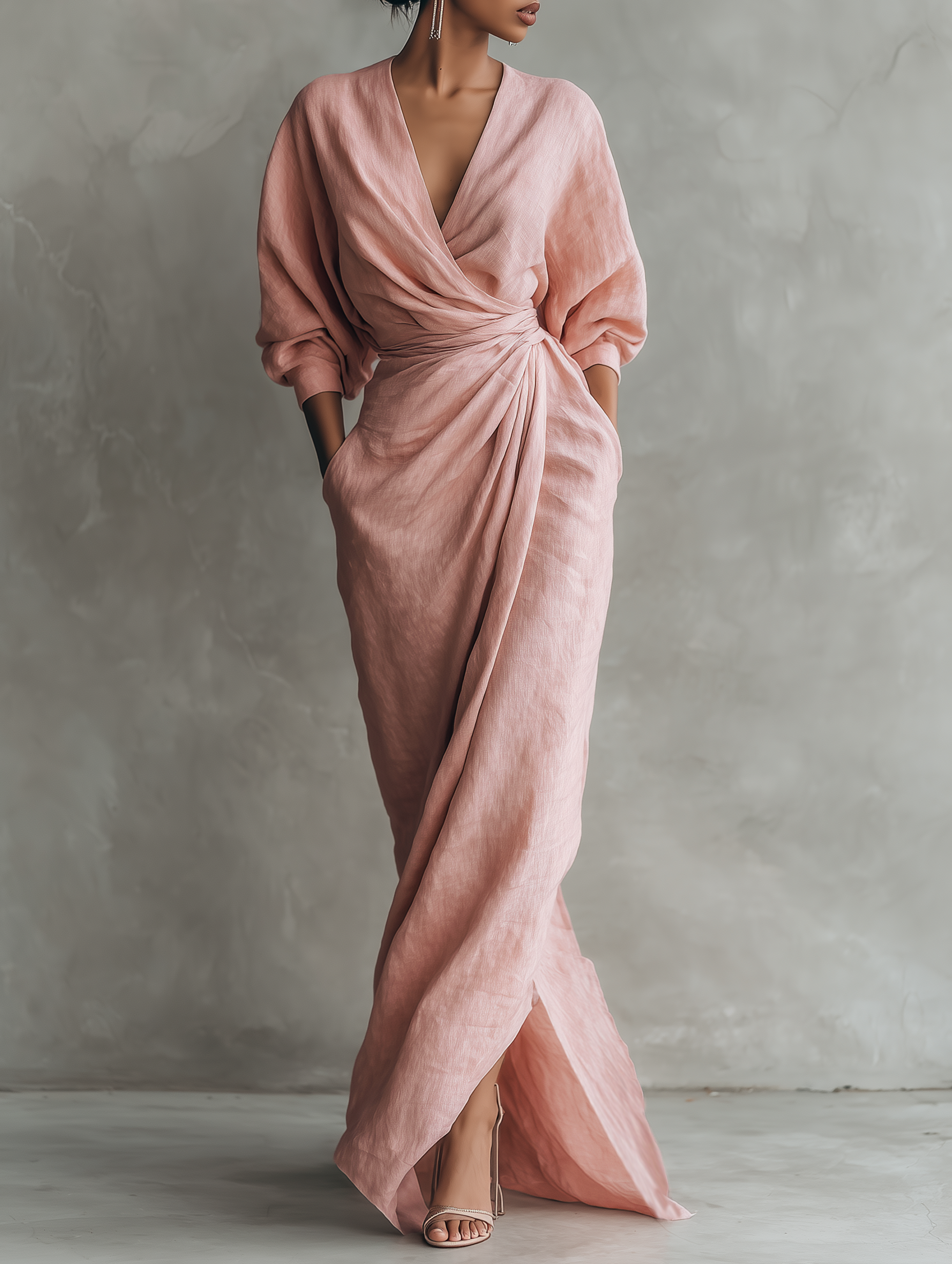Taylor - Maxi Abito Minimalista Rosa con Scollo a V in Misto Lino