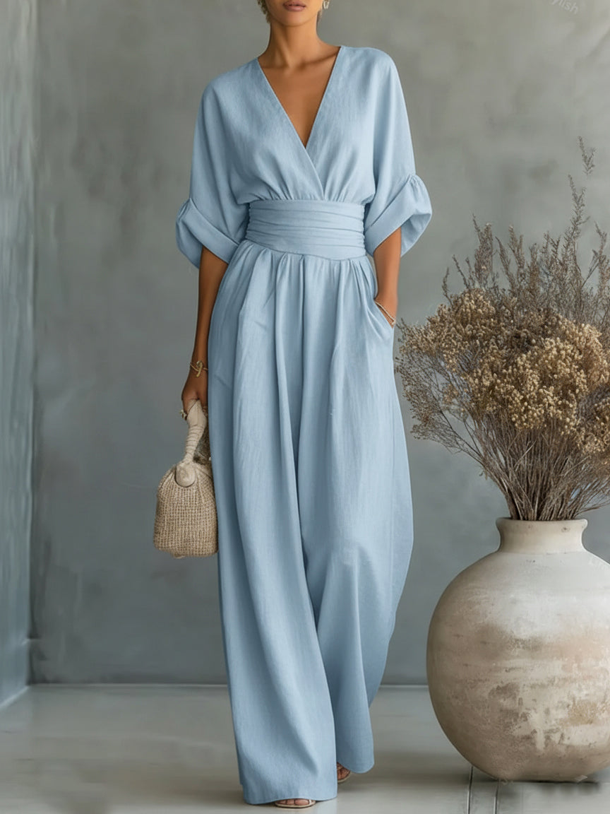 Elegante tuta intera scollo a V con vita alta
