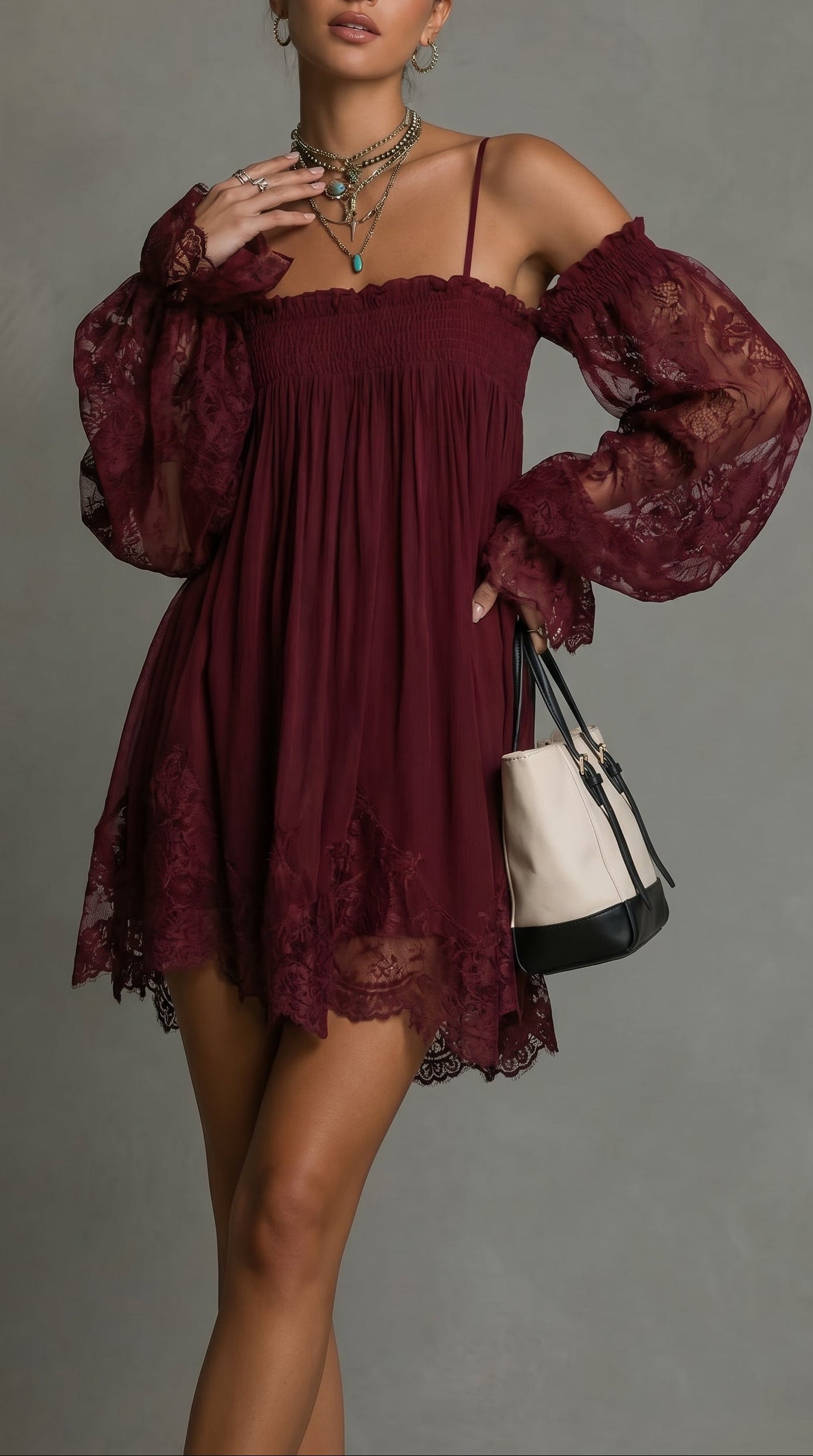 Antonella - Miniabito in chiffon con scollo Bardot