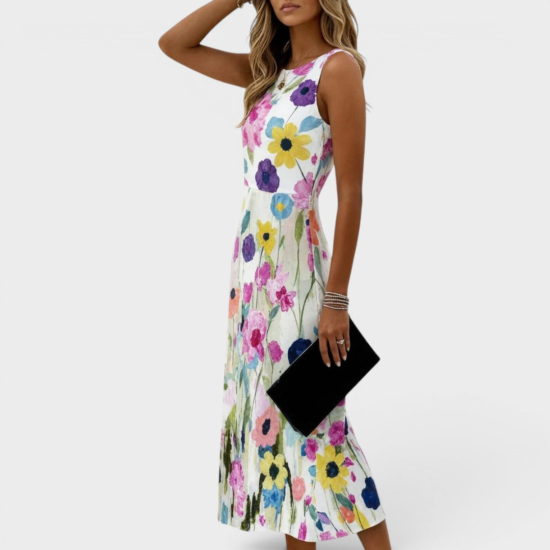 Carmina | Vestito midi senza maniche in acquerello floreale