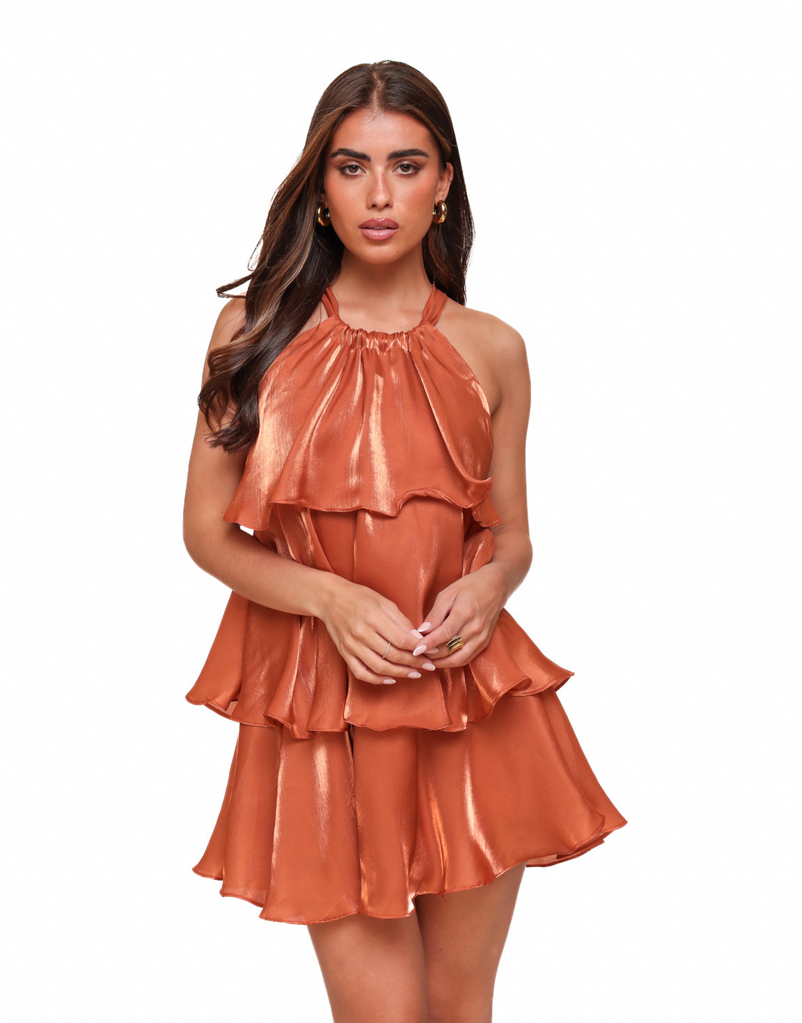 Zenova™ Sienna |Orange Petite Satin Ruffle Halter - Klänning