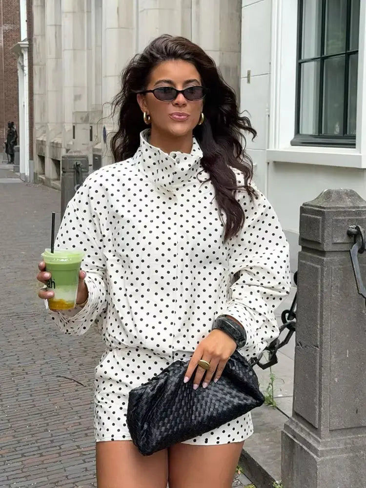Polka Dot Printed Long Sleeve Turtleneck Jacket (+ Free Shorts)