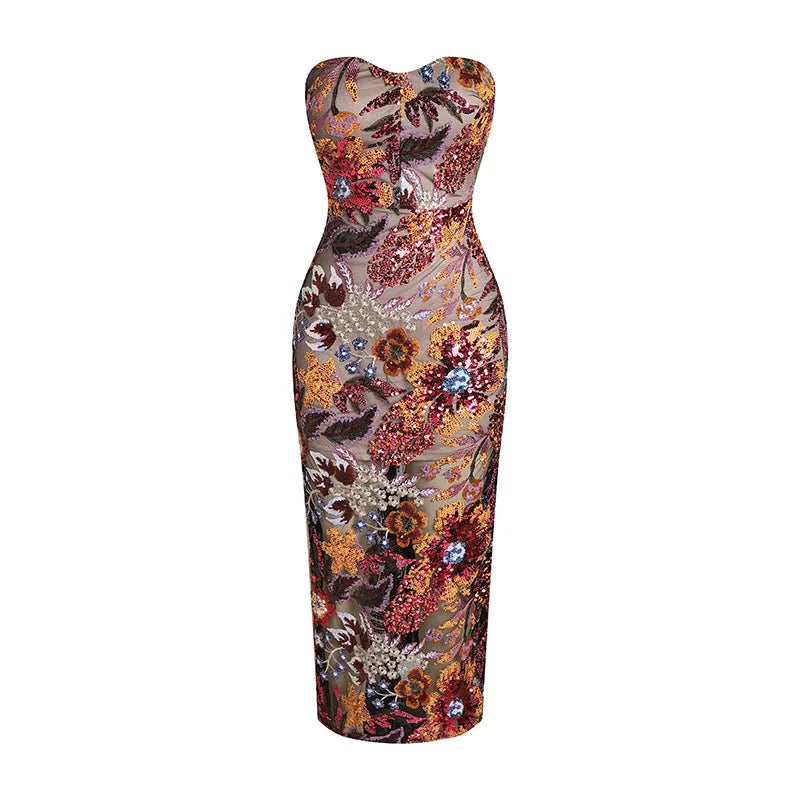 Abito Lungo Floreale con Paillettes Senza Spalline