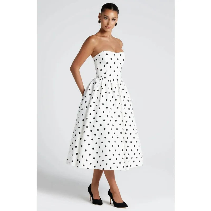 Vestito midi a pois senza spalline e con scollo bardot