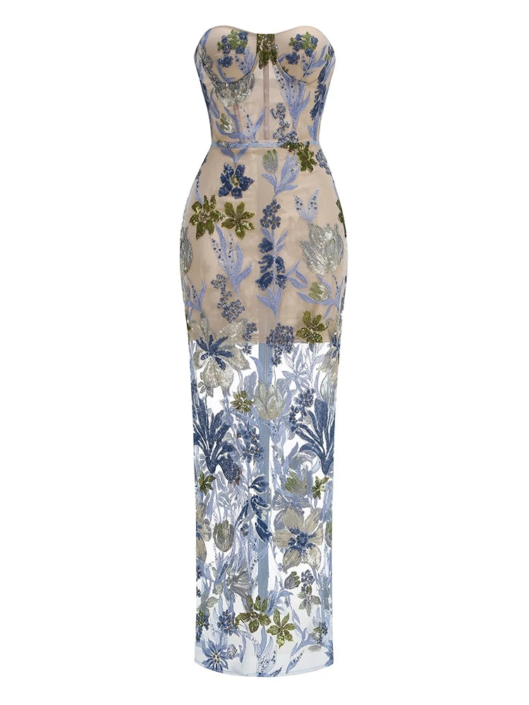 Abito Lungo Floreale con Paillettes Senza Spalline