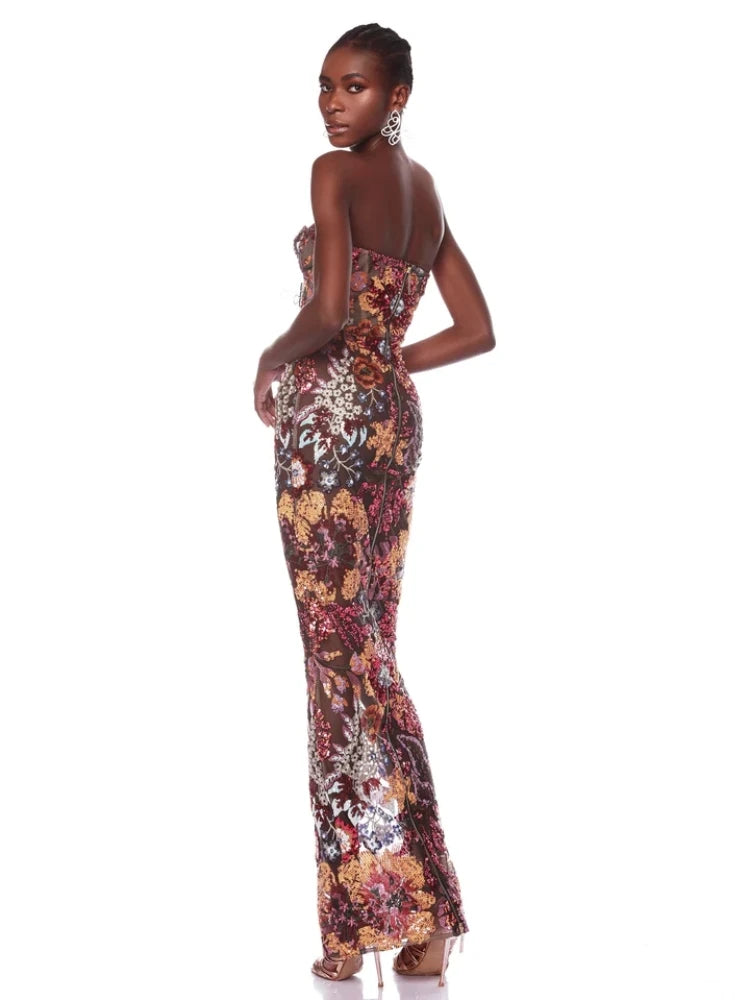 Abito Lungo Floreale con Paillettes Senza Spalline