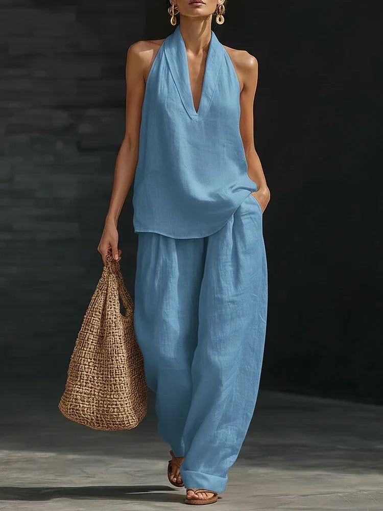 Top senza maniche con scollo all'americana e scollo a V, due pezzi ampi + Pantaloni abbinati in omaggio