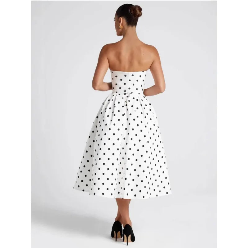 Vestito midi a pois senza spalline e con scollo bardot