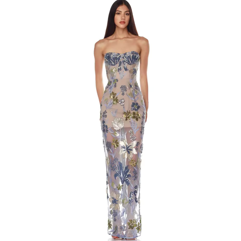 Abito Lungo Floreale con Paillettes Senza Spalline