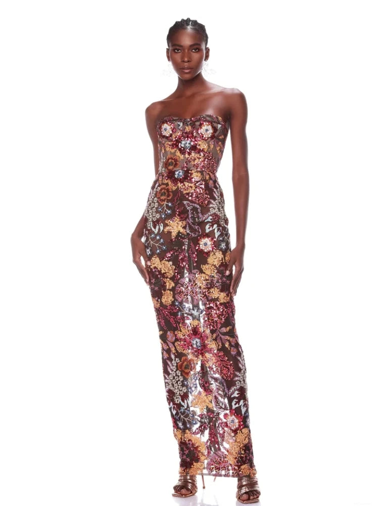 Abito Lungo Floreale con Paillettes Senza Spalline