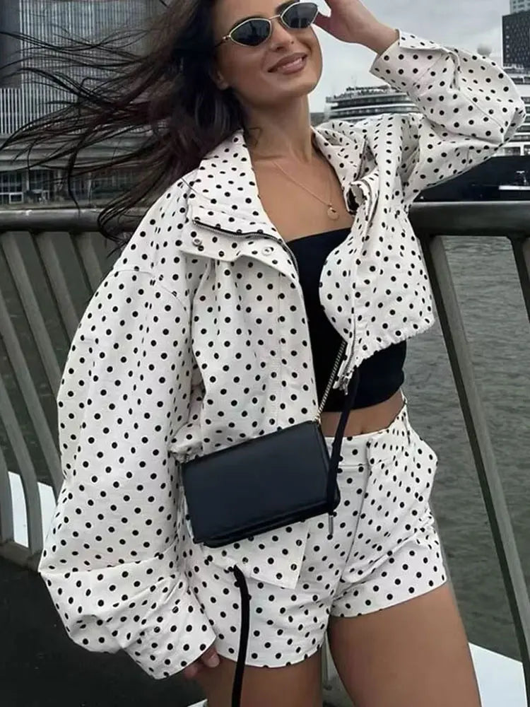 Polka Dot Printed Long Sleeve Turtleneck Jacket (+ Free Shorts)