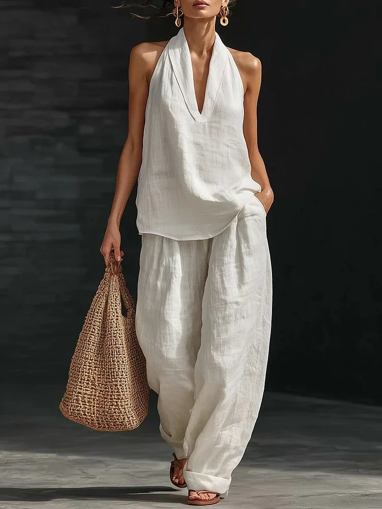 Loose Two-piece Halter Neck V-neck Sleeveless Tops + Free Pants to Match the Sets