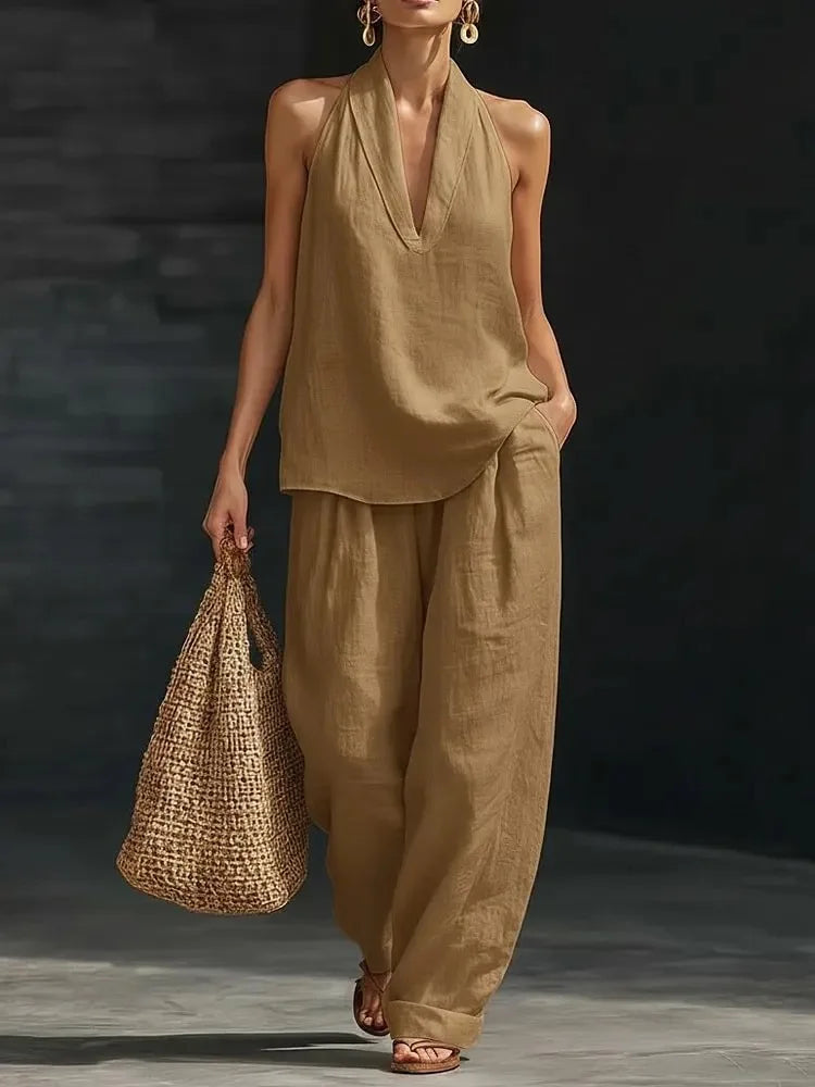 Top senza maniche con scollo all'americana e scollo a V, due pezzi ampi + Pantaloni abbinati in omaggio