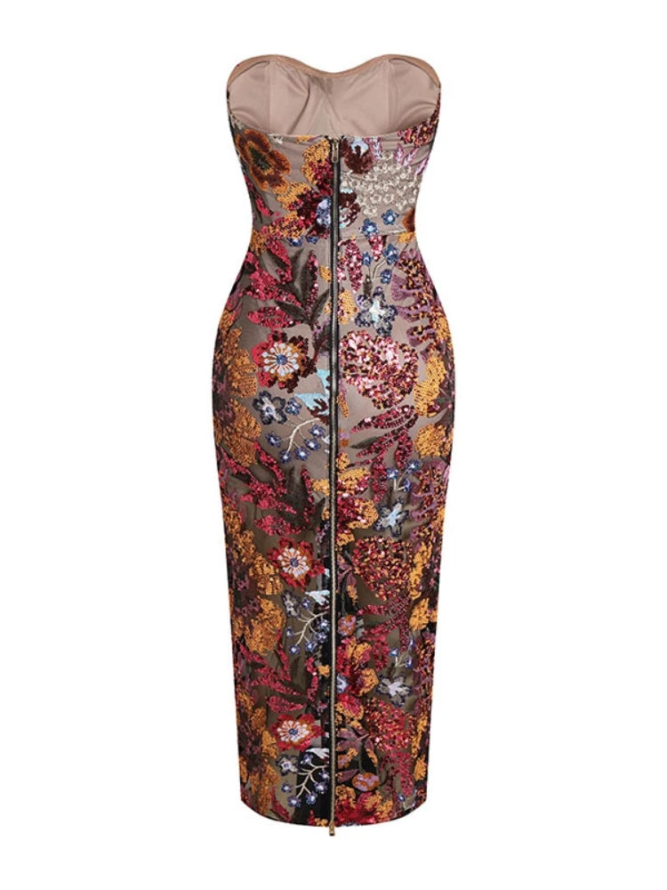 Abito Lungo Floreale con Paillettes Senza Spalline