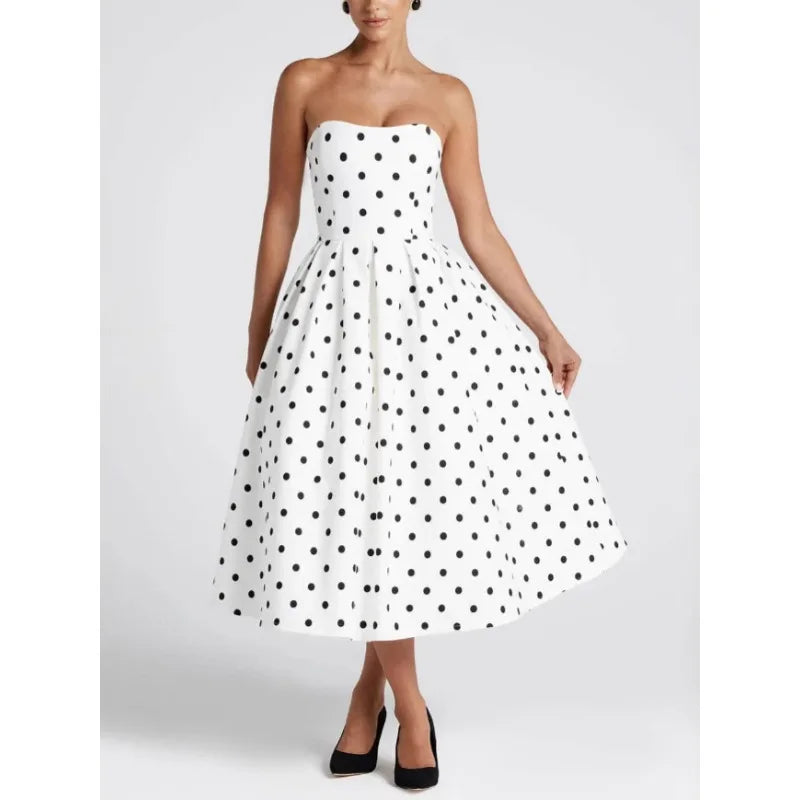 Vestito midi a pois senza spalline e con scollo bardot