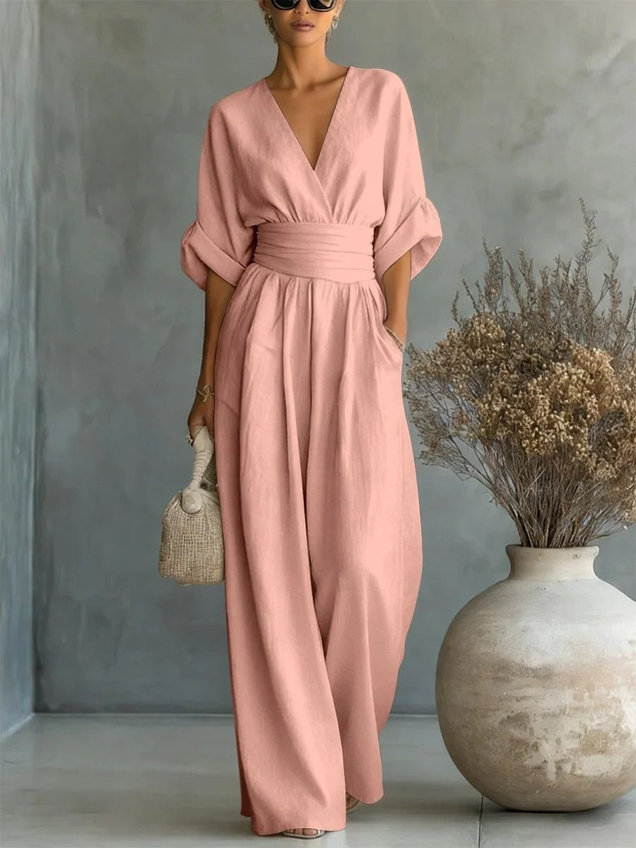Elegante tuta intera scollo a V con vita alta