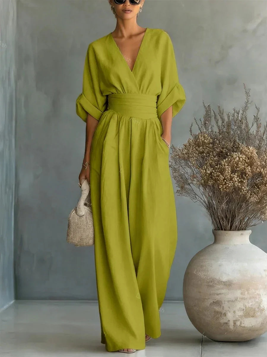 Elegante tuta intera scollo a V con vita alta
