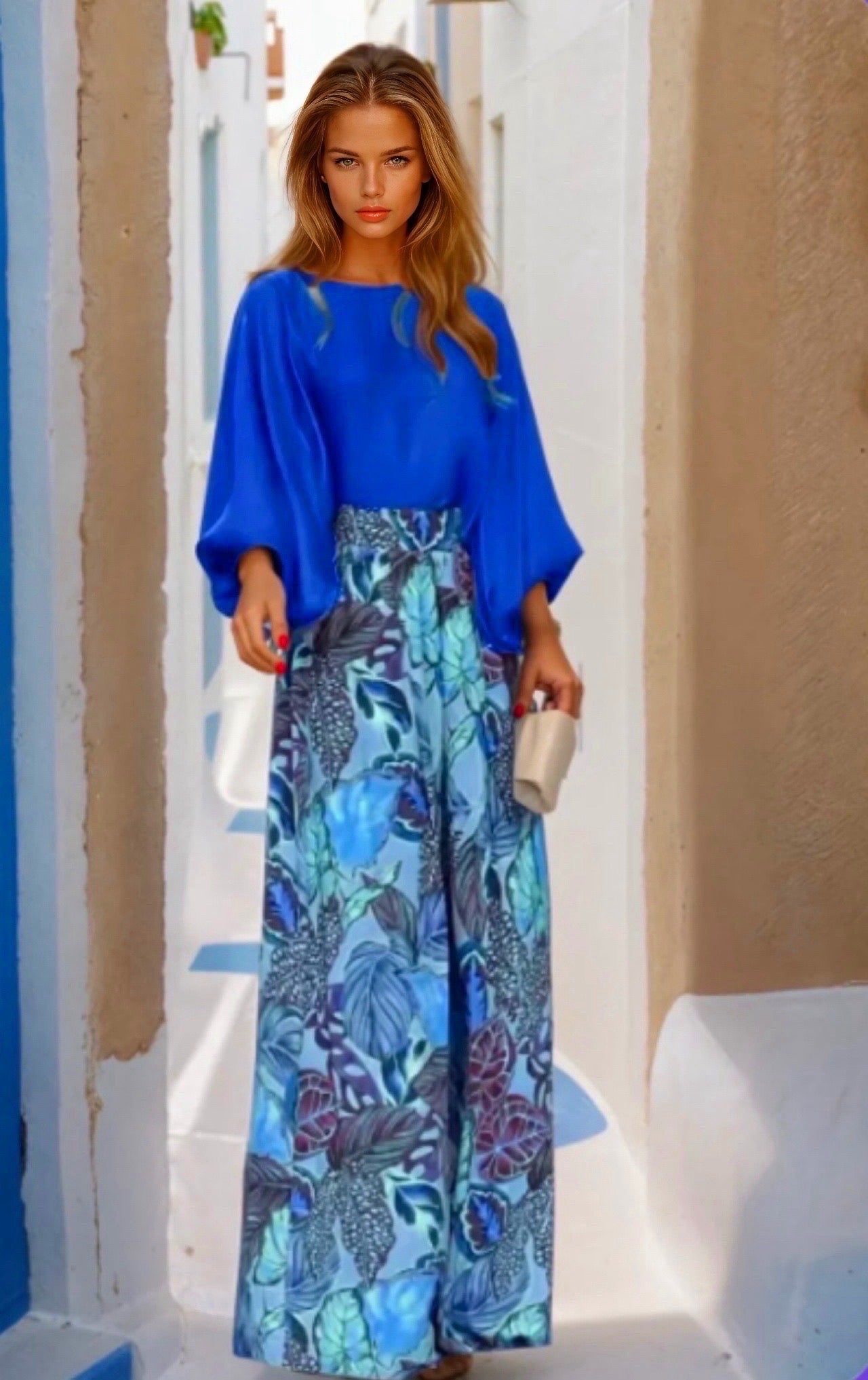 Zenova™ Zara | 2-delat set, chiffongskjorta i bomullssatin och elastiska byxor i Tropicana