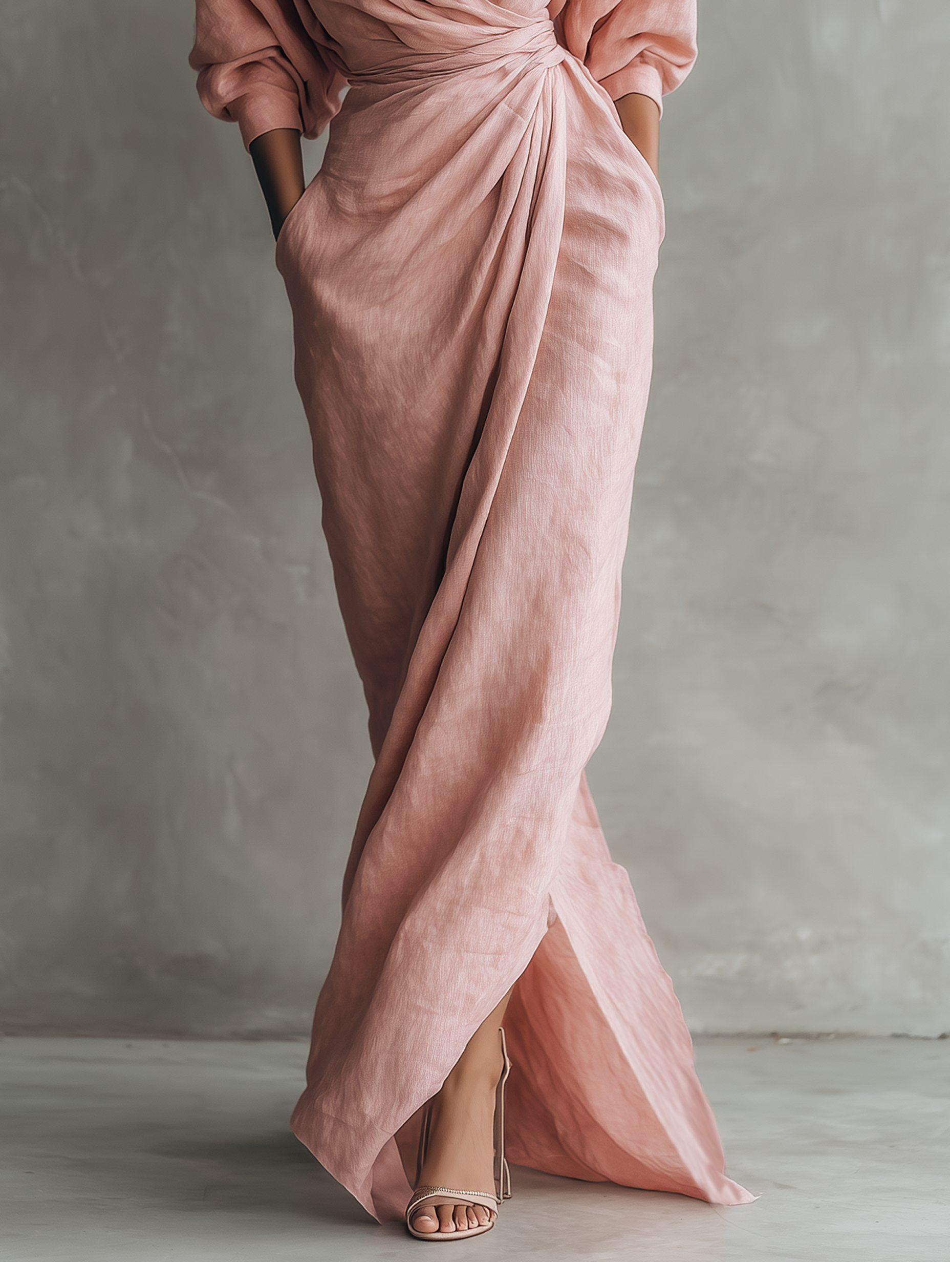 Taylor - Maxi Abito Minimalista Rosa con Scollo a V in Misto Lino
