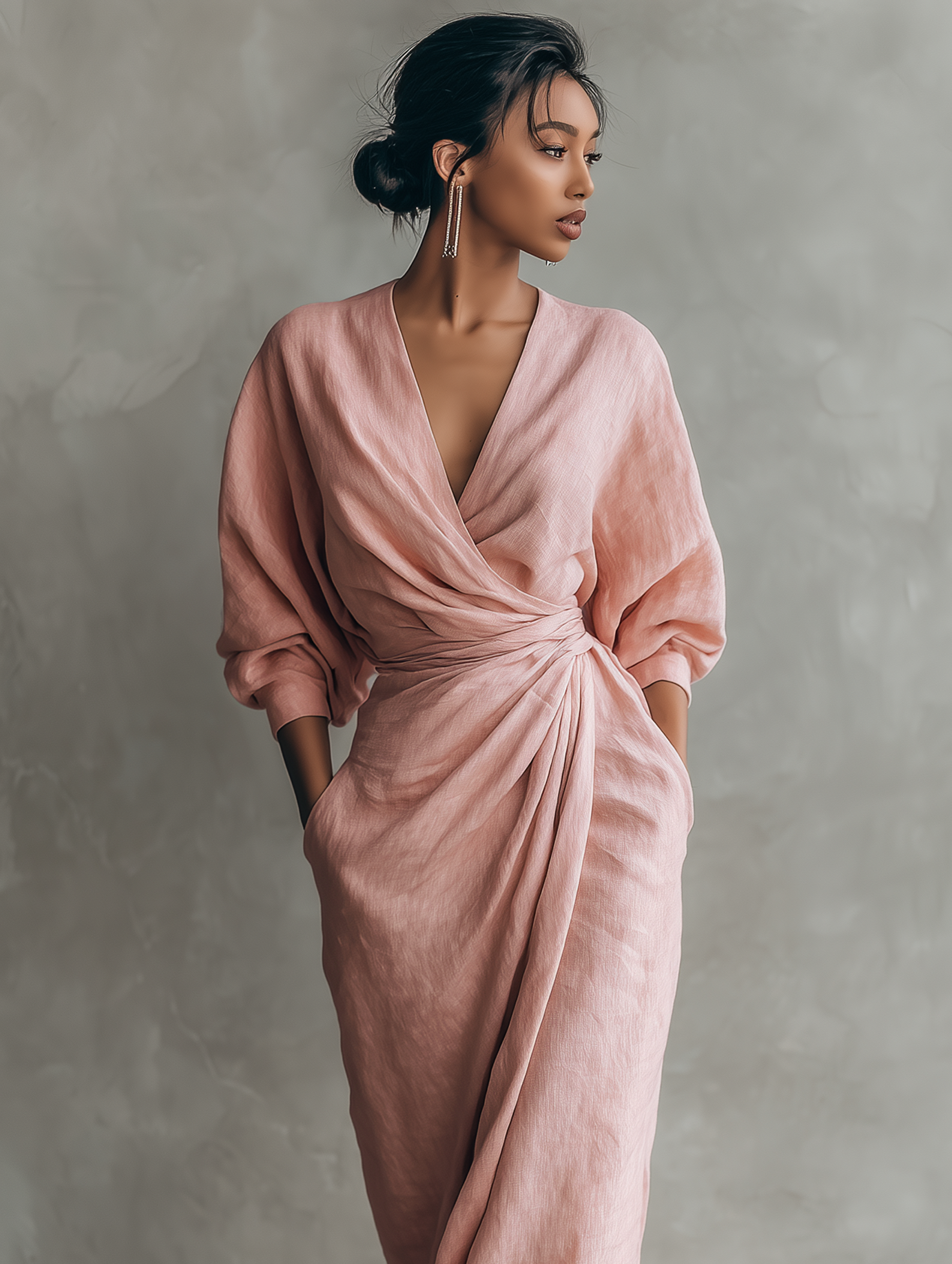 Taylor - Maxi Abito Minimalista Rosa con Scollo a V in Misto Lino