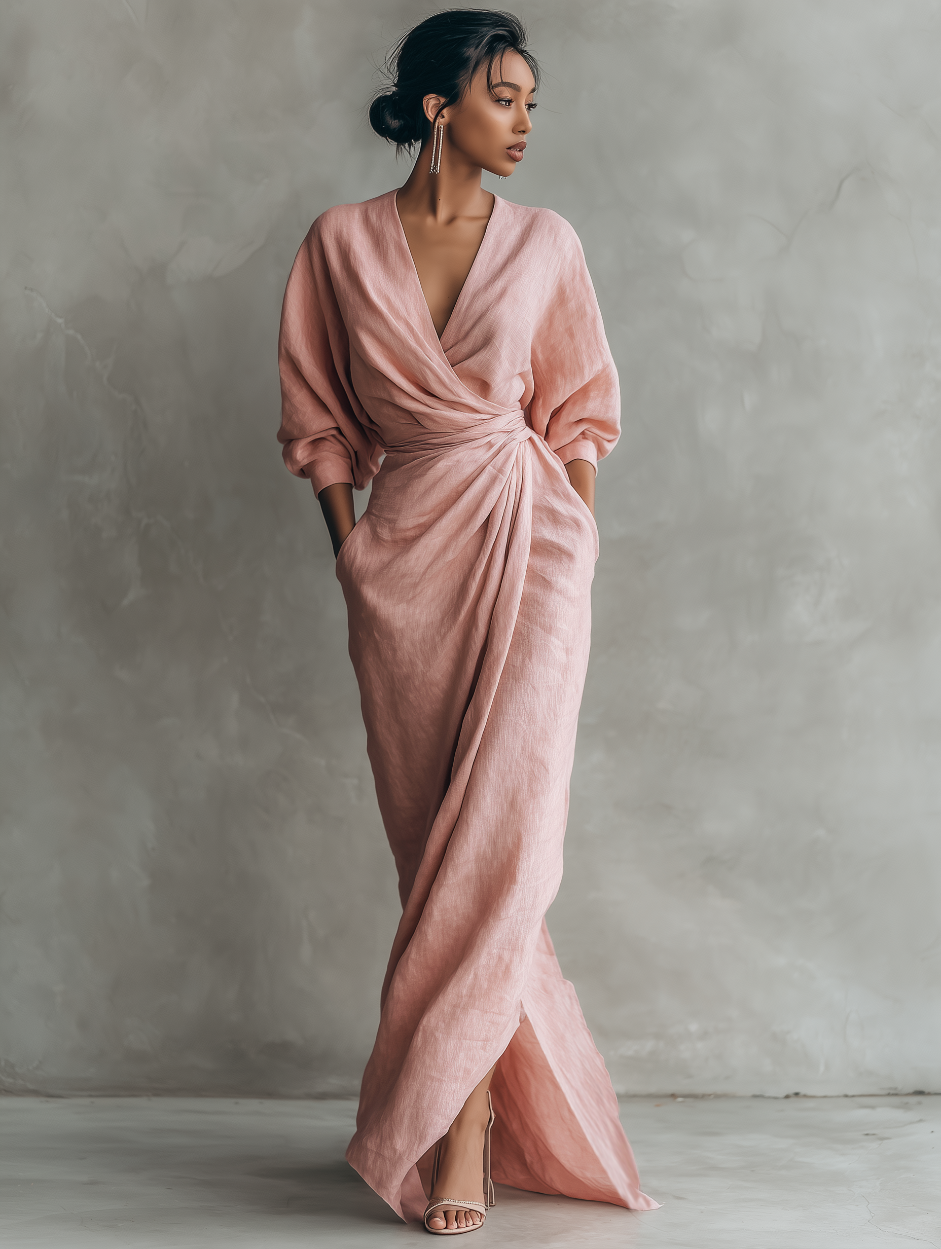 Taylor - Maxi Abito Minimalista Rosa con Scollo a V in Misto Lino