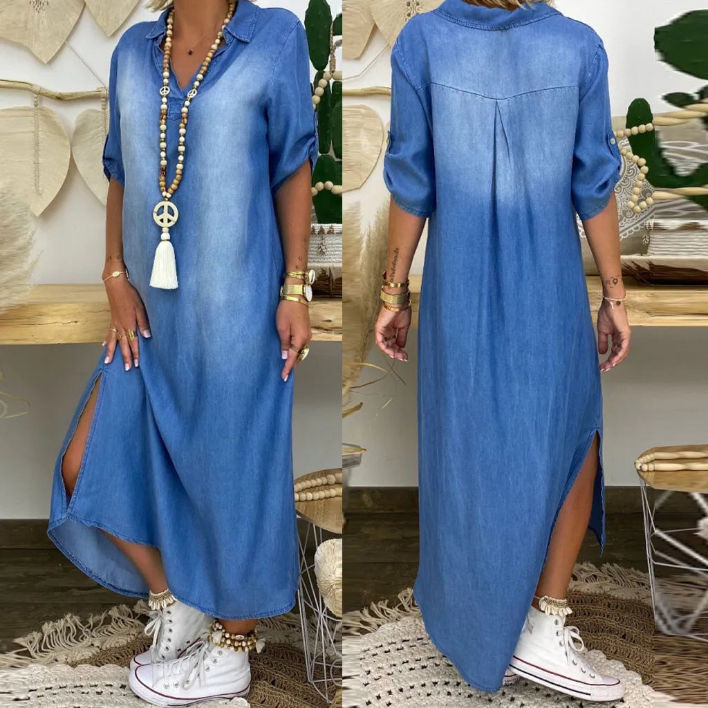 Vera™ | Lång klänning i denimlook med slits på sidan