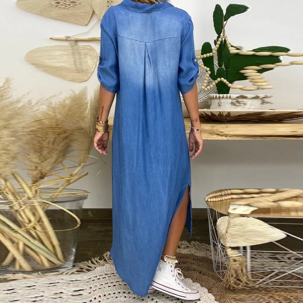 Vera™ | Lång klänning i denimlook med slits på sidan