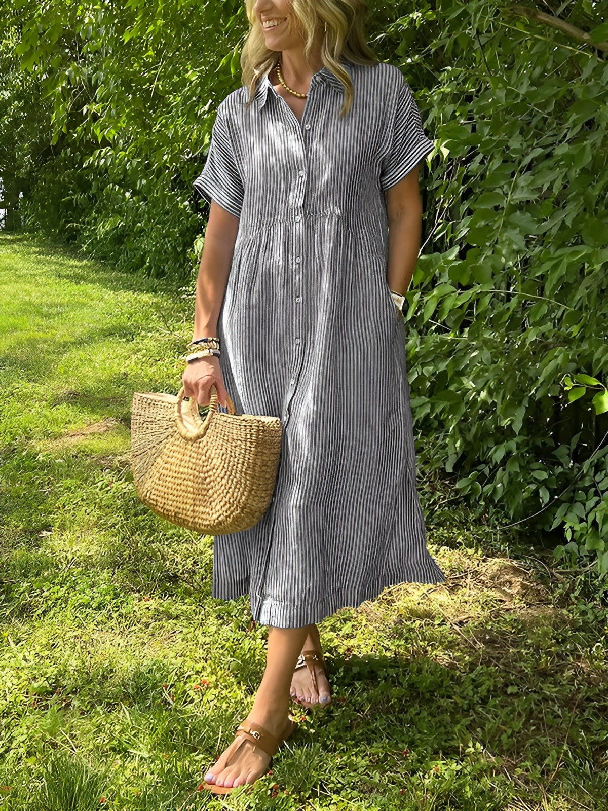 Zenova™ Agneta– Striped Shirt Dress with Relaxed Fit and Side Pockets