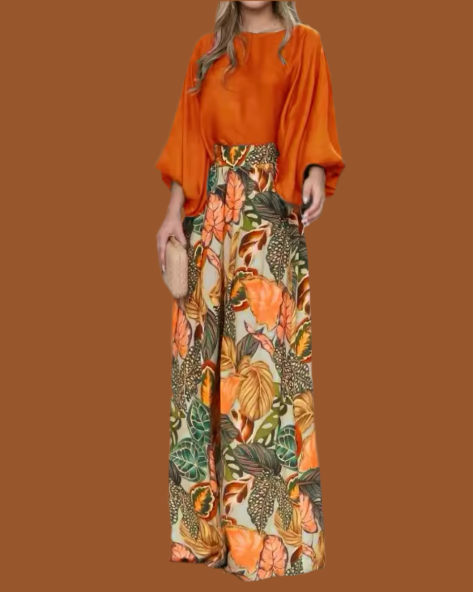 Zenova™ Zara | 2-delat set, chiffongskjorta i bomullssatin och elastiska byxor i Tropicana