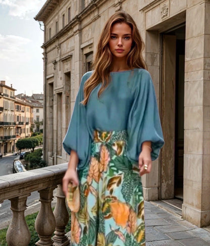 Zenova™ Zara | 2-delat set, chiffongskjorta i bomullssatin och elastiska byxor i Tropicana