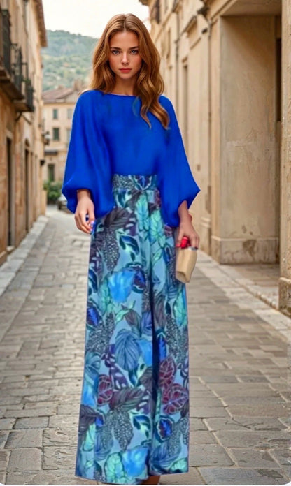 Zenova™ Zara | 2-delat set, chiffongskjorta i bomullssatin och elastiska byxor i Tropicana