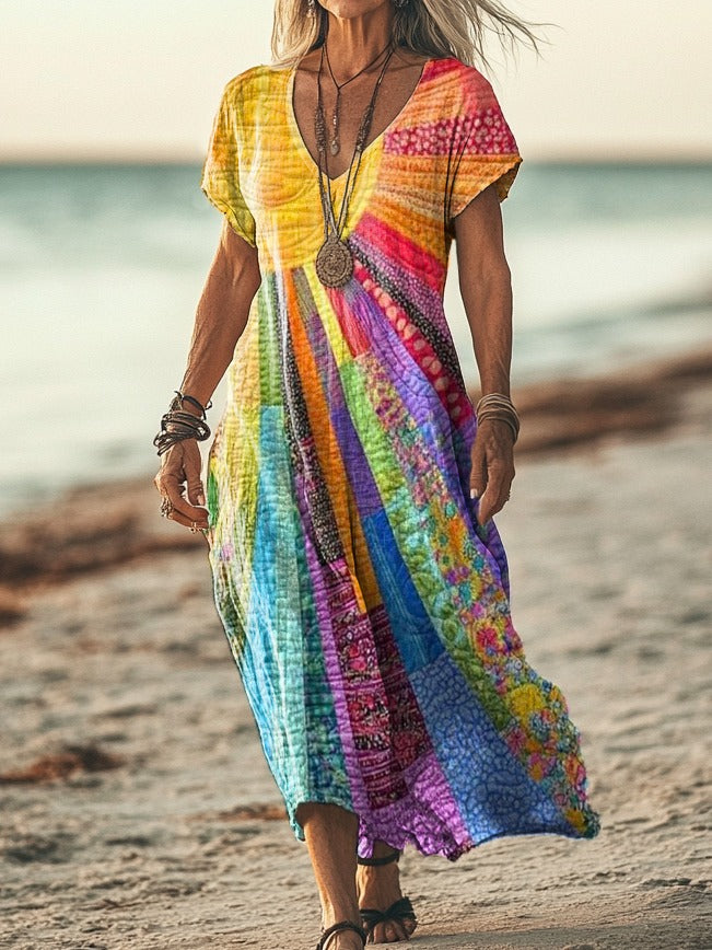Nadia – Dress with Color Stripes and V-Neck
