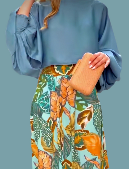 Zenova™ Zara | 2-delat set, chiffongskjorta i bomullssatin och elastiska byxor i Tropicana