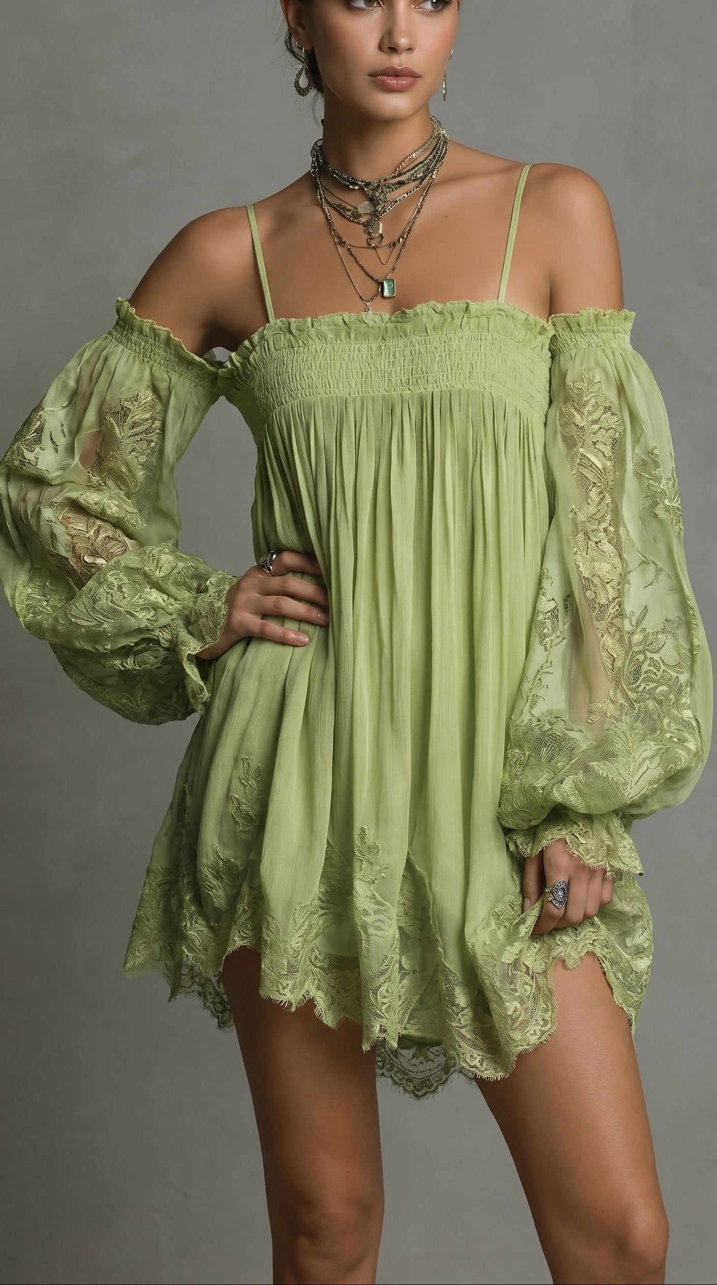 Antonella - Miniabito in chiffon con scollo Bardot