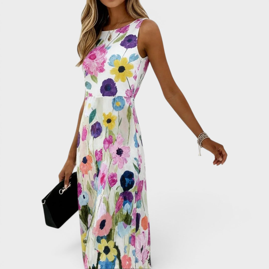 Carmina | Vestito midi senza maniche in acquerello floreale