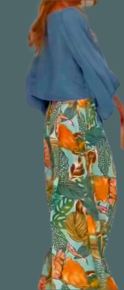 Zenova™ Zara | 2-delat set, chiffongskjorta i bomullssatin och elastiska byxor i Tropicana