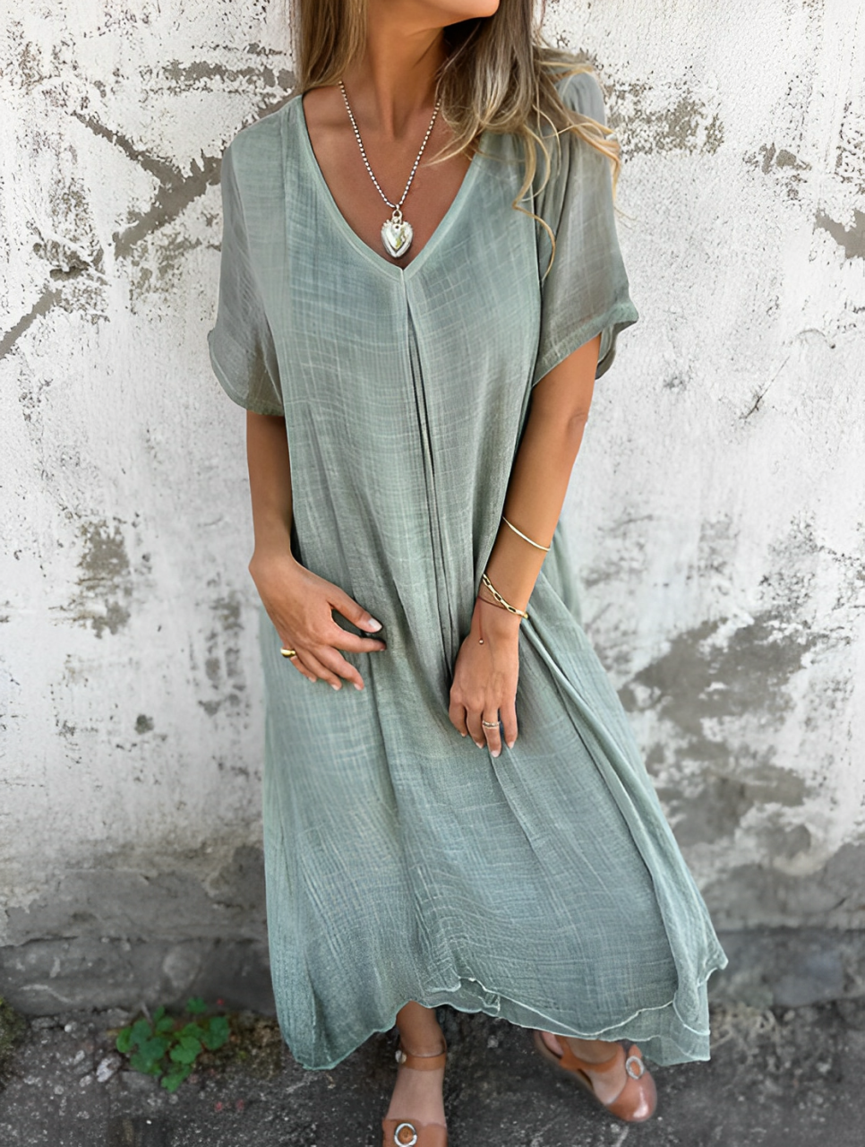 Zenova™ Carmen |Klänning i bomull och linne med V-näklinje