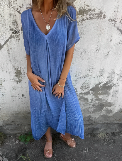 Zenova™ Carmen |Klänning i bomull och linne med V-näklinje