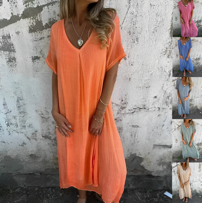 Zenova™ Carmen |Klänning i bomull och linne med V-näklinje