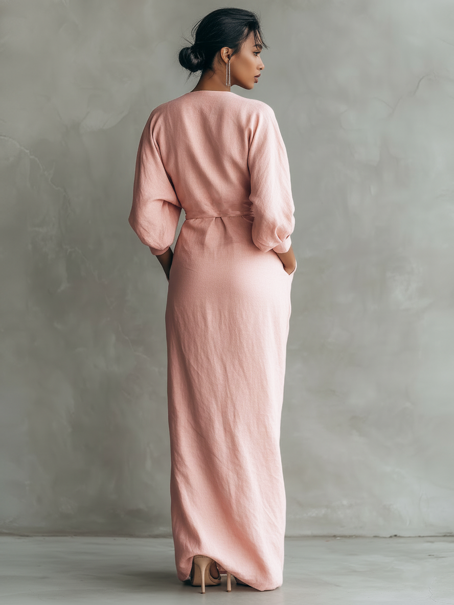Taylor - Maxi Abito Minimalista Rosa con Scollo a V in Misto Lino