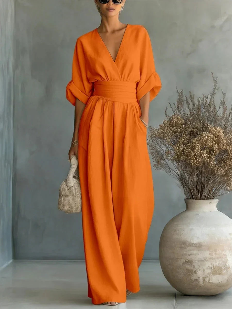 Elegante tuta intera scollo a V con vita alta