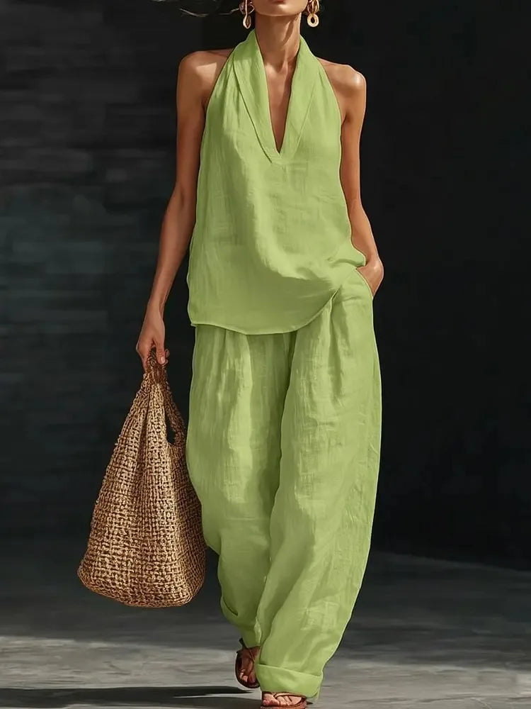 Loose Two-piece Halter Neck V-neck Sleeveless Tops + Free Pants to Match the Sets