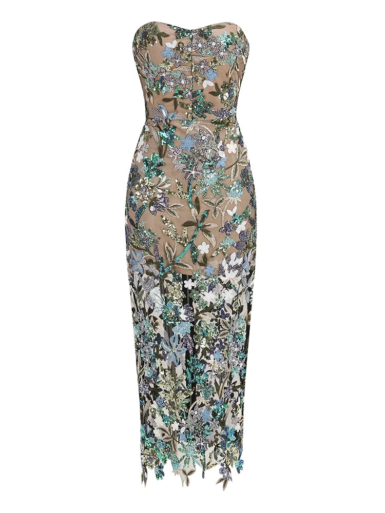 Abito Lungo Floreale con Paillettes Senza Spalline