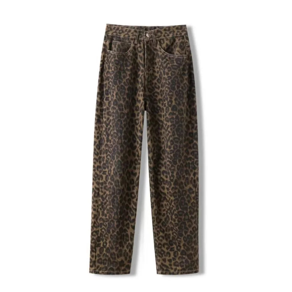 Jeans larghi in denim leopardato