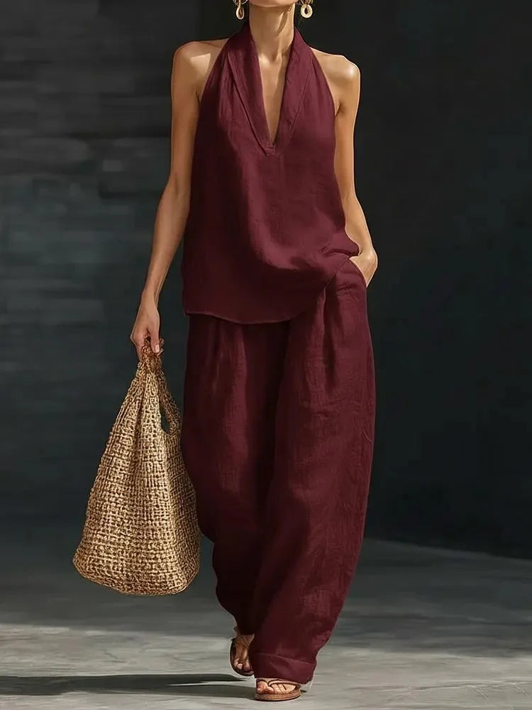 Top senza maniche con scollo all'americana e scollo a V, due pezzi ampi + Pantaloni abbinati in omaggio