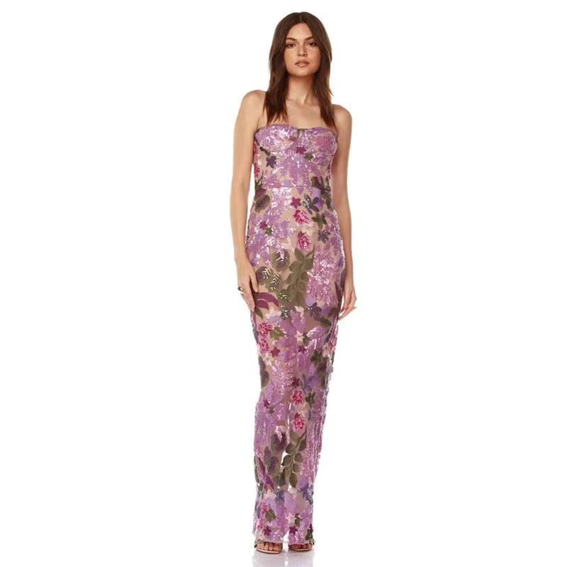 Abito Lungo Floreale con Paillettes Senza Spalline