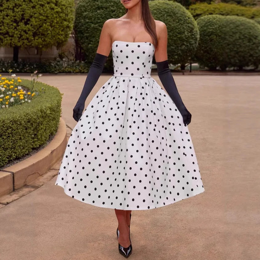 Vestito midi a pois senza spalline e con scollo bardot