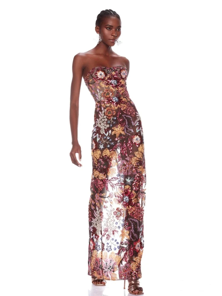 Abito Lungo Floreale con Paillettes Senza Spalline