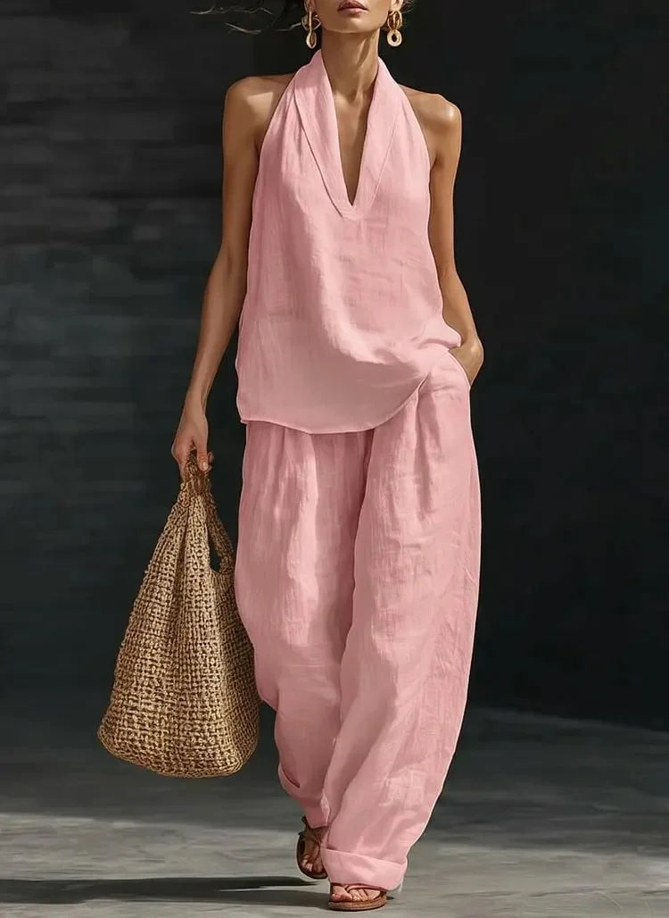 Top senza maniche con scollo all'americana e scollo a V, due pezzi ampi + Pantaloni abbinati in omaggio